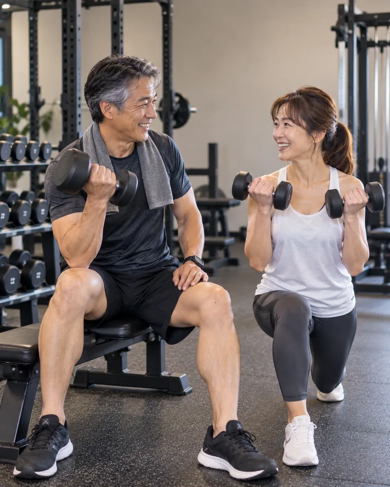 ダンベルで一緒にトレーニングする夫婦