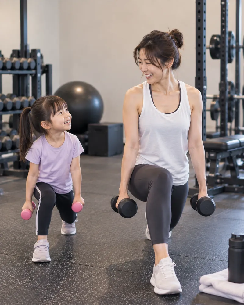 小さなお子さまと一緒にトレーニングする女性